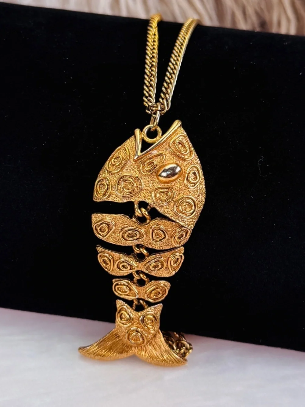 Vintage Articulated Fish Aged Goldtone Pendant Necklace • JJ Jonette Signed